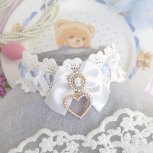 Romantic Rococo style off white lace light blue satin choker necklace , pearl Victorian cameo pendant pearl heart,  pastel accessories