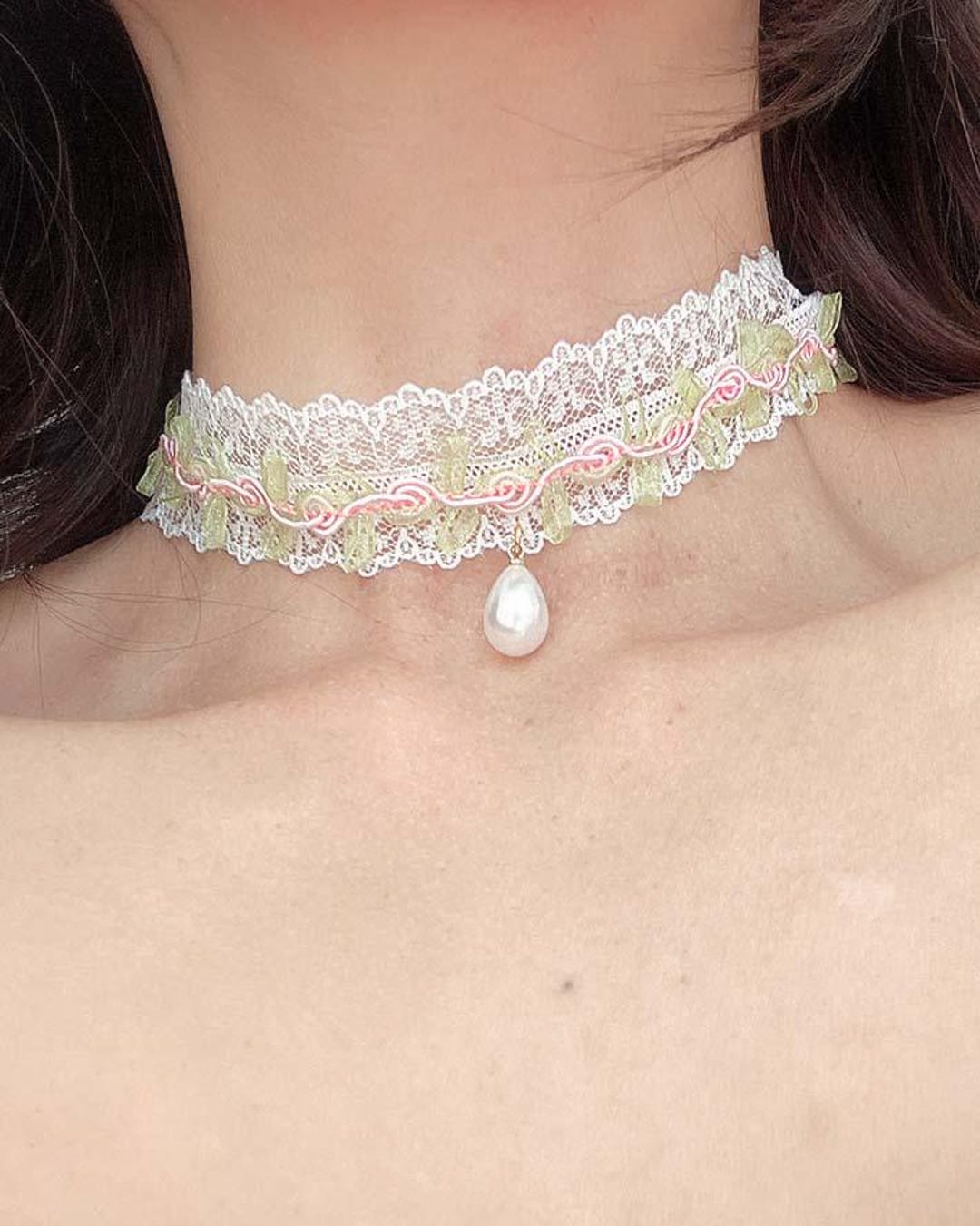 Secret Garden Flower White Lace Choker Necklace With Faux Pearl Pendant ...