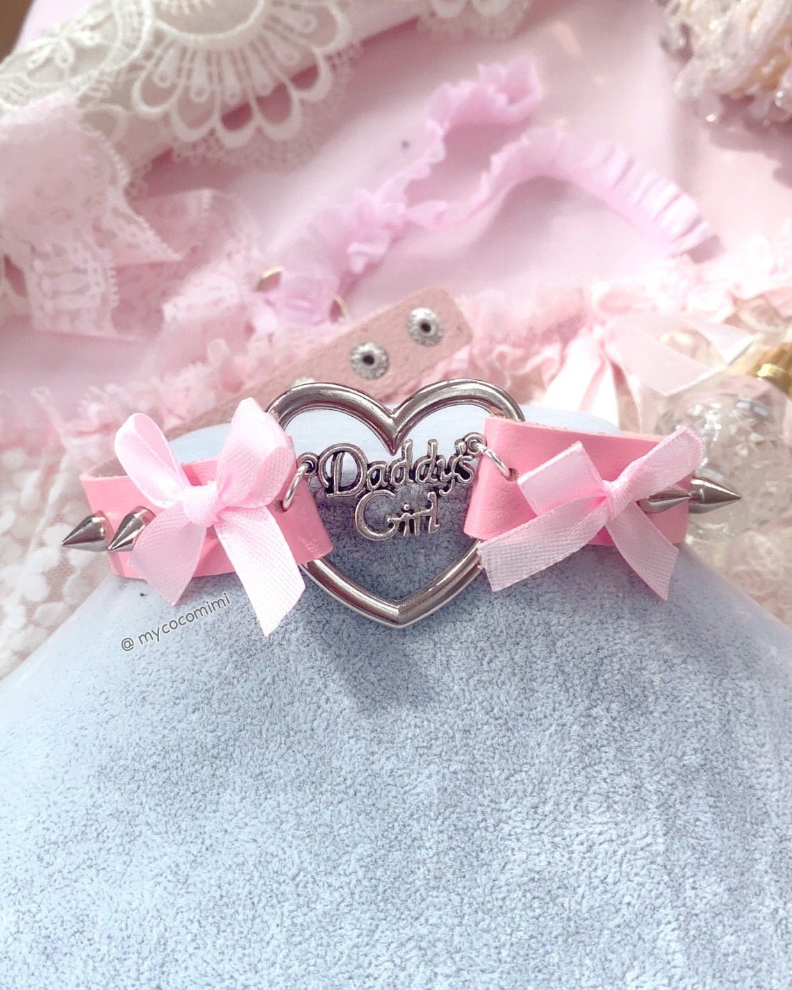 Choker Necklace Daddys Girl Pink Faux Leather Heart Bow Spikes Etsy