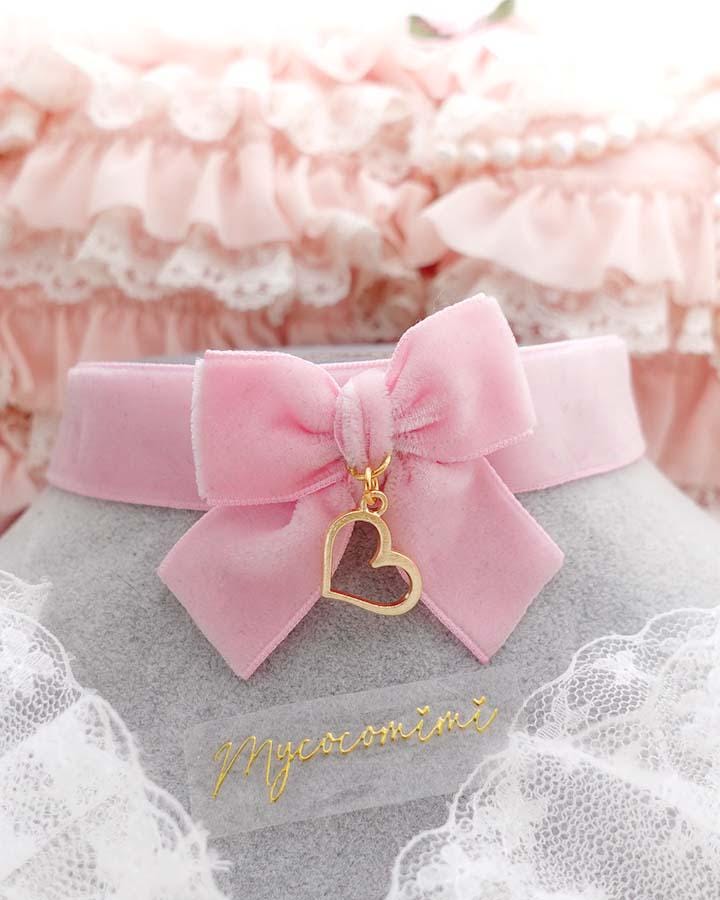 Baby Pink Velvet Bow Gold Heart Pendant Choker Necklace , Coquette Core ...