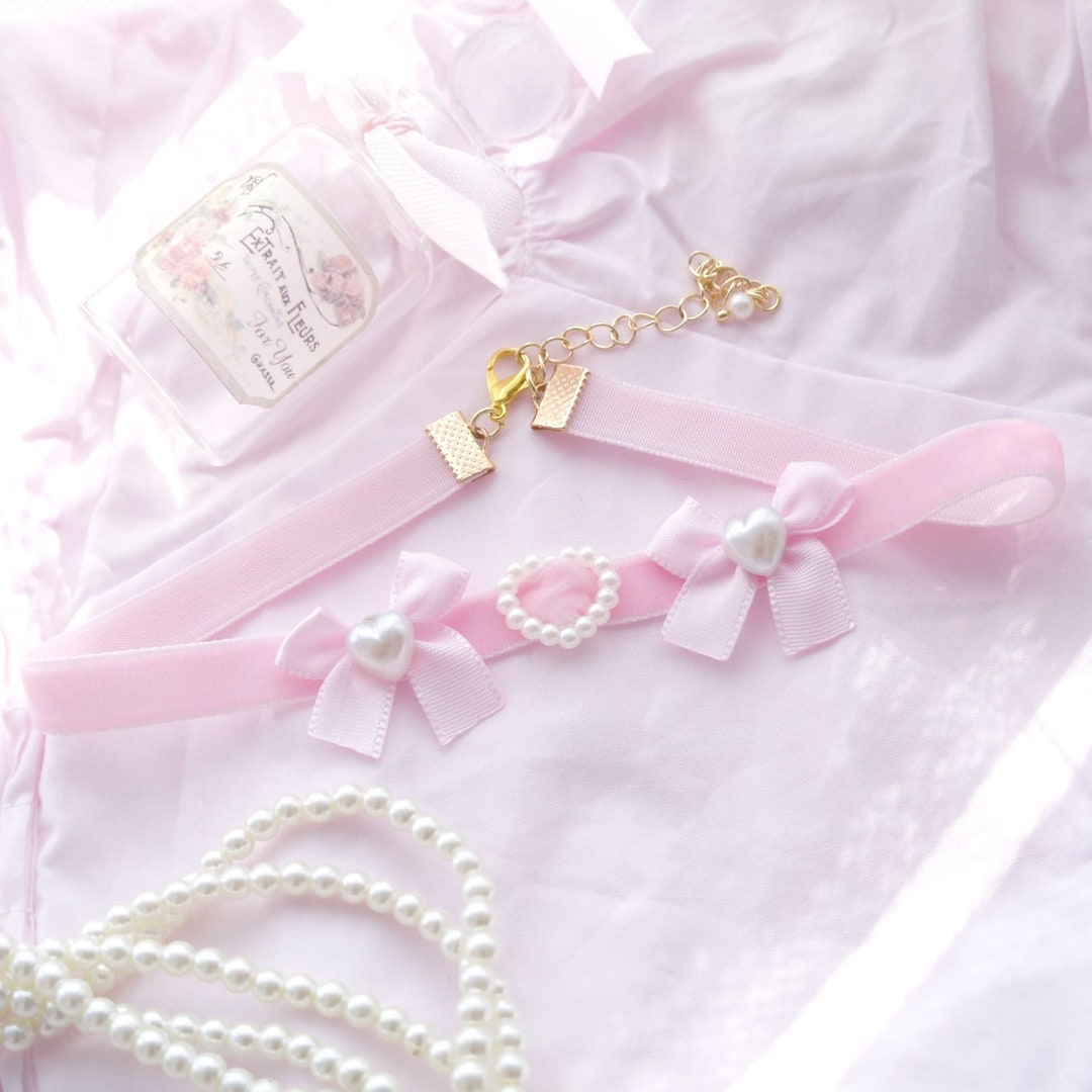 Romantic Baby Pink Velvet Pearl Heart Bow Choker Necklace ,pretty ...