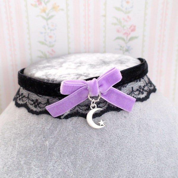 Black velvet lace choker necklace ,  lilac purple velvet bow little crescent moon  ,  Jewelry Day Collar cute