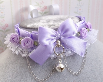Lilac Flower Choker: Lace Ruffles, Bow, Bell, Kawaii Collar
