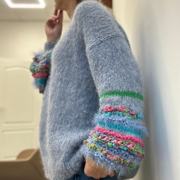 Blue women's sweater with colorful sleeves, handmade women's sweater, oversize, aplaka and wool, soft and light, sweater in one piece