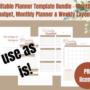 Könnte beinhalten: Druckbarer Planer-Vorlagen-Paket mit einem monatlichen Budget, einem monatlichen Kalender und wöchentlichen Planerseiten. Die Seiten sind weiß mit braunen Linien und Text. Der Text lautet "Dieses Budget-Tagebuch gehört zu" und "Monatliches Budget". Der Text lautet auch "Wöchentlicher Planer" und "Monatlicher Planer". Der Text "PRL-Lizenz" befindet sich in einem braunen Kreis.