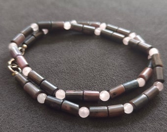 Collier unisexe en rhodonite et quartz rose, noir-gris-rose