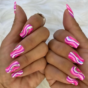 Unicorn Chrome with Pink and White Swirl Press On Nails