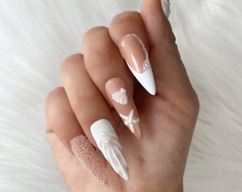 Seashell Starfish Press On Nails: Custom Pearl Handmade Reusable