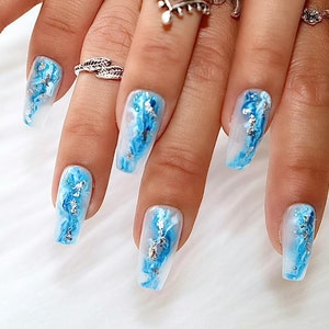 Marble Blue and Silver Waves Press On Nails