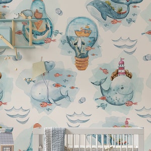 nautical wallpaper peel and stick, nursery wallpaper, under the ocean wallpaper, sea wallpaper, kids room wallpaper,