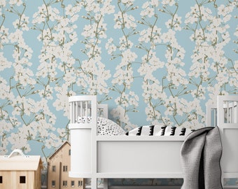 blue wallpaper with white flowers, botanical wallpaper peel and stick, vinyl,