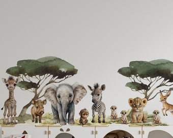 Vinilo decorativo de animales de safari para guardería infantil / Pegatina de acuarela de elefante, cebra, jirafa y león / Decoración infantil con animales africanos, fácil de pegar y despegar.