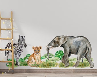 Vinilos decorativos de pared con diseño de safari en acuarela para habitación de bebé, animales de la selva