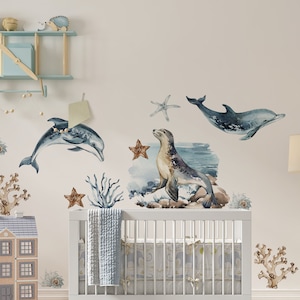 Sea World Ocean Wall Decal for kids room, wall stickers for nursery ocean Life with dolphin seal, jellyfishes turtles