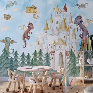 dragon sticker mural, dragon castle wall mural, nursery wallpaper, colorful wallpaper, kids room wallpaper, nursery decor