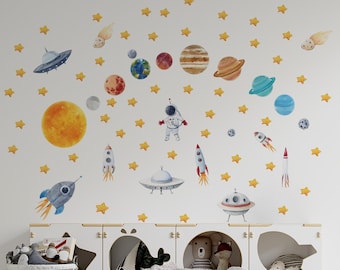 Space Wall Decal, Space Themed Nursery, Watercolor Solar System, Sun and Planets, Constellation decal, Nursery space Decals, Planet Decals