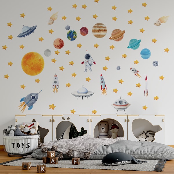 Space Wall Decal, Space Themed Nursery, Watercolor Solar System, Sun and Planets, Constellation decal, Nursery space Decals, Planet Decals