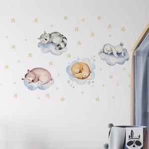 Nursery Wall Decals Peel and Stick,  Baby Wall Stickers, sleeping animals wall decal,  Cloud Wall Decals