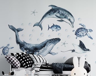 Ocean Animals Wall Decal for Kids and Nursery, sea animals wall sticker,  OCEAN Life with whale, fishes, sea turtles, dolphin sticker