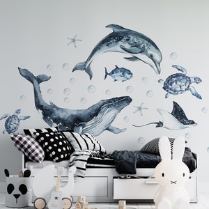 Ocean Animals Wall Decal for Kids and Nursery, sea animals wall sticker,  OCEAN Life with whale, fishes, sea turtles, dolphin sticker