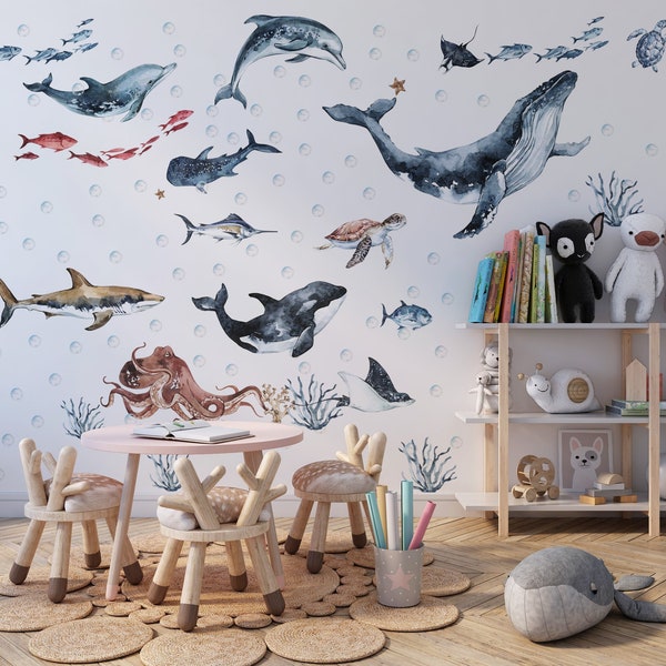 Sticker mural animaux marins pour enfants et chambre de bébé, sticker mural animaux marins, lot d'autocollants dauphins, phoques, tortues de mer, aquarelle