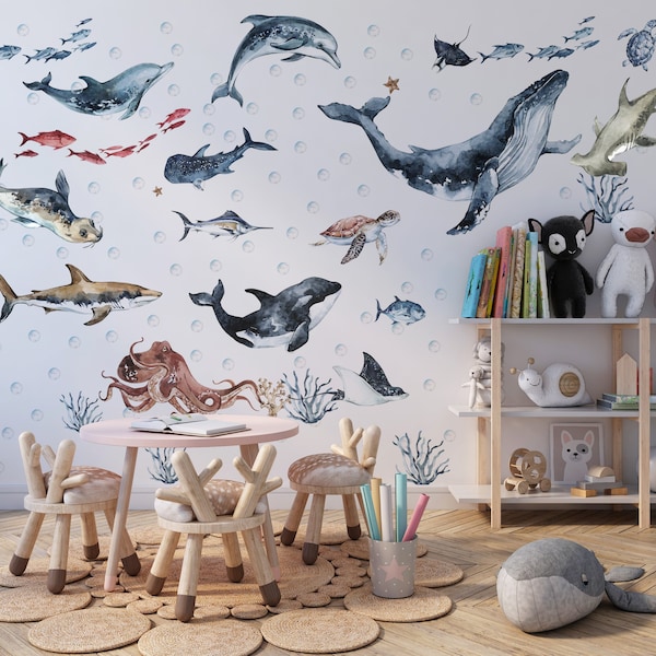 Calcomanías de animales del océano, tiburones y ballenas.