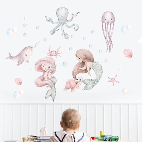 Sticker mural sirène, sticker mural mer, sticker mural chambre d'enfant petite sirène aquarelle monde marin, sticker mural océan, sticker mural océan monde marin