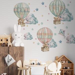 Bear wall decals, hot air balloons nursery wall stickers, kids room wall decals, animals wall decals,