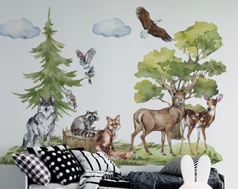 Forest Animals Wall Decal for Children's Room Baby Room Wall Sticker Fox Deer Tree Rabbit Badger Birds Wall Sticker Wall Decoration Mural