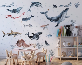 Sticker mural animaux marins pour enfants et chambre de bébé, sticker mural animaux marins, lot d'autocollants dauphins, phoques, tortues de mer, aquarelle