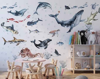 Calcomanía de pared de animales del océano para niños y guardería, pegatina de pared de animales marinos, juego de pegatinas delfín, foca, tortuga marina, cáscara y palo de acuarela