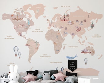 world map wallpaper, world map wall mural, world map mural, kids room wallpaper,
