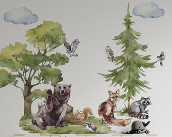 Forest Animals Wall Decal for Kids room, woodland wall decal, bear wall decal, forest wall mural, Nursery woodland forest trees Wall Decals