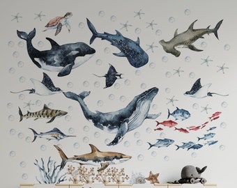 Ocean Animals Wall Decal for Kids and Nursery, shark wall decals, ocean wall stickers, sea animals wall sticker,  OCEAN Life with whale,