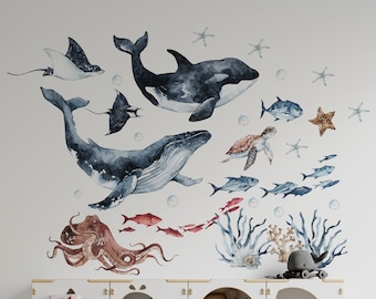 Ocean Animals Wall Decal for Kids and Nursery, sea animals wall sticker,  OCEAN Life with whale, fishes, jellyfishes, sea turtle,