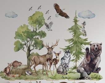 Sticker mural Animaux de la forêt pour chambre d'enfant Sticker mural pour chambre de bébé Renard Cerf Lapin Blaireau Oiseaux Sticker mural Décoration murale