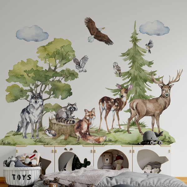 Stickers muraux forêt, sticker chambre d'enfant, stickers muraux forêt, sticker forêt, stickers muraux forêt, sticker mural arbre, sticker mural loup, sticker enfant