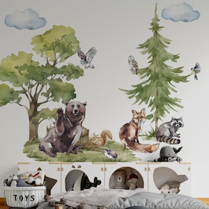 子供部屋用森の動物の壁デカール、森の壁デカール、クマの壁デカール、森の壁画、保育園の森の森の木の壁デカール