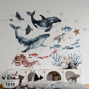 Ocean Animals Wall Decal for Kids and Nursery, sea animals wall sticker,  OCEAN Life with whale, fishes, jellyfishes, sea turtle,