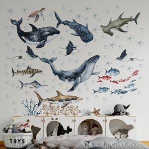 Ocean Animals Wall Decal for Kids and Nursery, shark wall decals, ocean wall stickers, sea animals wall sticker,  OCEAN Life with whale,