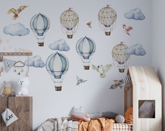 hot air balloon wall decal, hot air balloon art, cloud wall decal,  Nursery wall decal, Boys wall decal, Watercolor Hot air balloon