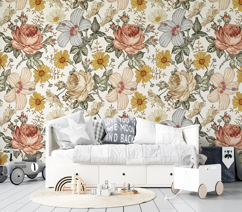 floral wallpaper, boho wallpaper, removable wallpaper, peel stick wallpaper, temporary wallpaper, kids room wallpaper image 10