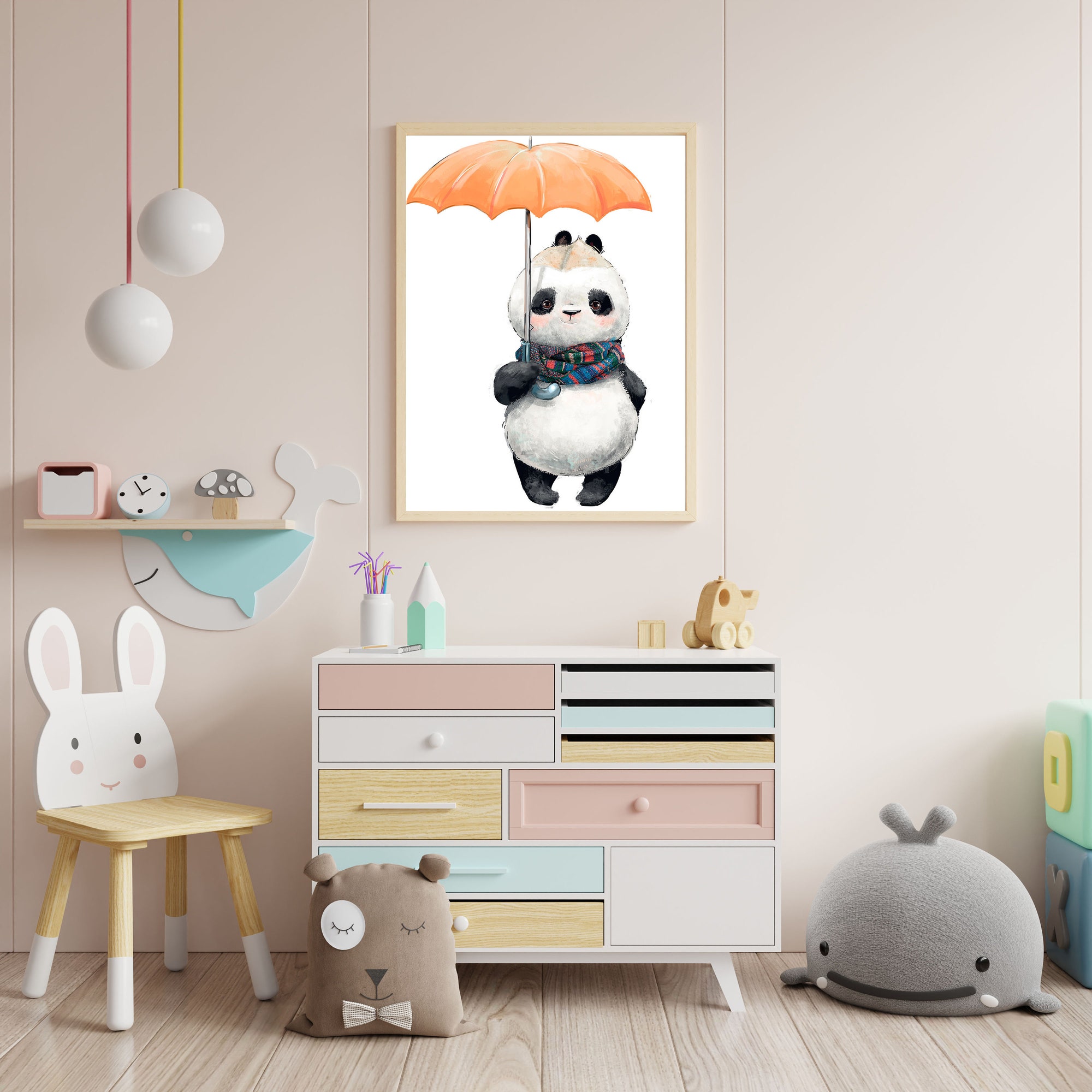 Panda Bear umbrella poster, forest nursery animals poster