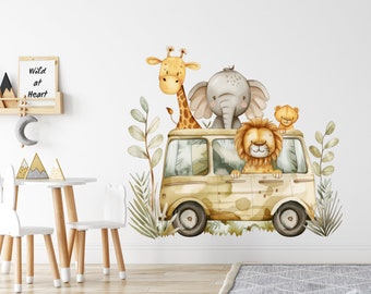 Safari Wall Sticker Kids Nursery | Watercolor Giraffe Elephant Lion Safari Car Decal | Jungle Animals Peel and Stick Wall Art