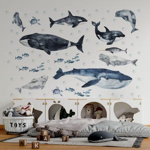 Wandtattoo Ozean, Wandtattoo Meerestiere für Kinder und Kinderzimmer, Unterwasserwelt-Wandtattoo, Wal-Wandtattoo, Aquarell-Wandtattoo zum Aufkleben