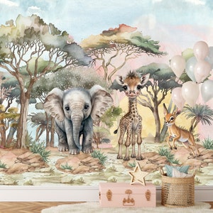 Tropical wallpaper, safari wallpaper peel and stick, wall mural wallpaper, nursery wallpaper, elephant wallpaper