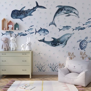 Ocean Animals Wall Decal for Kids and Nursery, sea animals wall sticker, Sticker Set Dolphin, seal, sea Turtle, Watercolor Peel and stick Set one