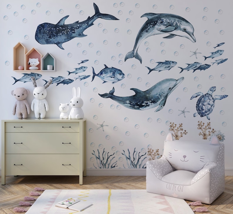 Ocean Animals Wall Decal for Kids and Nursery, sea animals wall sticker, Sticker Set Dolphin, seal, sea Turtle, Watercolor Peel and stick Set one