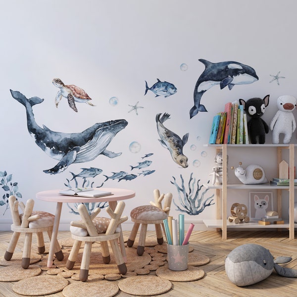 Decalcomania da muro con animali dell'oceano per bambini e asilo nido, adesivo da parete con animali marini, set di adesivi delfino, foca, tartaruga marina, acquerello staccabile e incolla