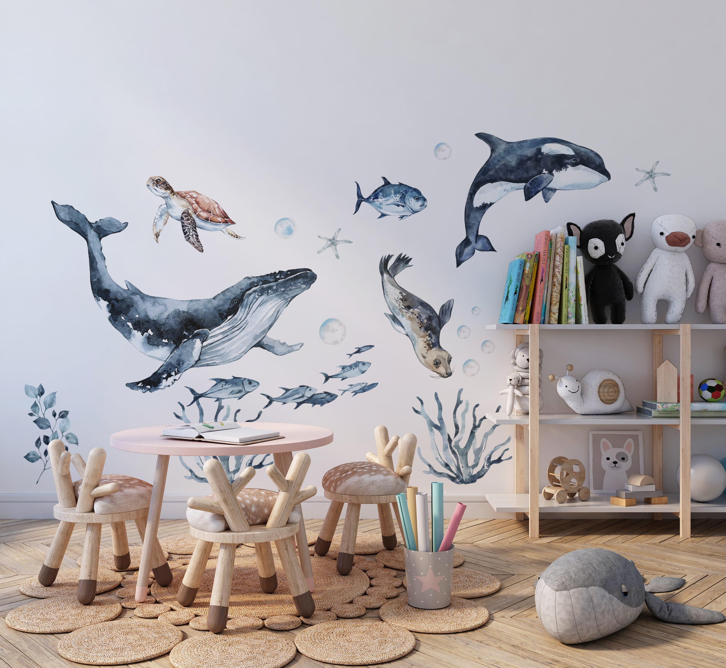 Ocean Animals Wall Decal for Kids and Nursery, Sea Animals Wall Sticker,  Sticker Set Dolphin, Seal, Sea Turtle, Watercolor Peel and Stick 